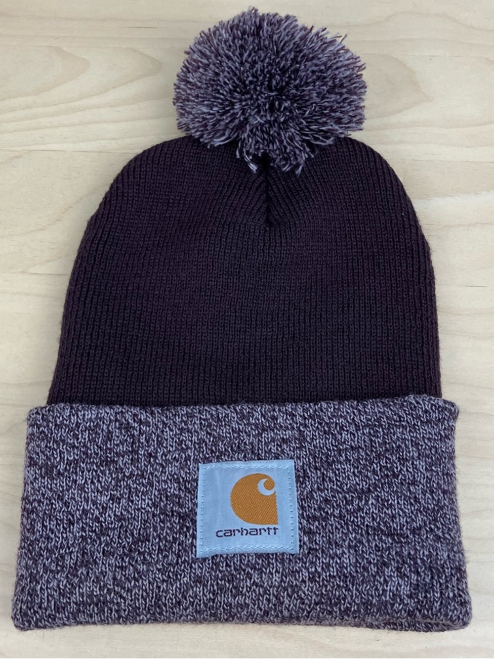 Carhartt Winter Beanie Cuff Pom Hat Maroon Purple Center Patch Logo